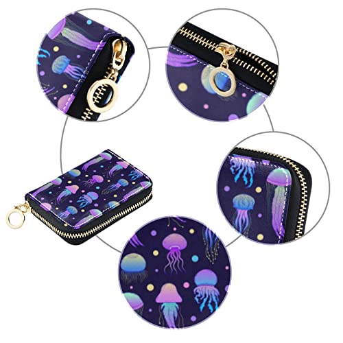 OTVEE Doodle Purple Jellyfishes Credit Card Wallet, Microfiber Leather Zipper RFID Card Case Holder for Women3