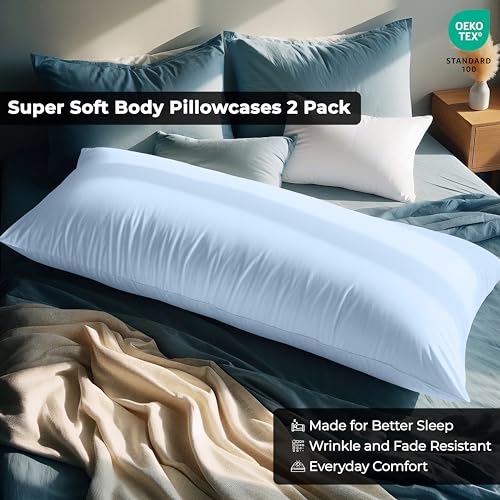 Image of ROYALE LINENS Body Pillow Cover - Double Brushed 1800 Microfiber - 20 inchx54 inch with Hidden Zipper Closure - Wrinkle & Fade Resistant - Super Soft Body Pillowcase (Lake Blue, Pack of 2)