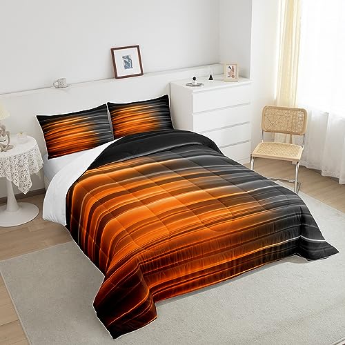 Image of Feelyou Orange and Gray Striped Bedding Set Full, Geometric Abstract Ombre Comforter with Gradient Lines, 3Pcs Duvet Set for Kids, Black Stripes