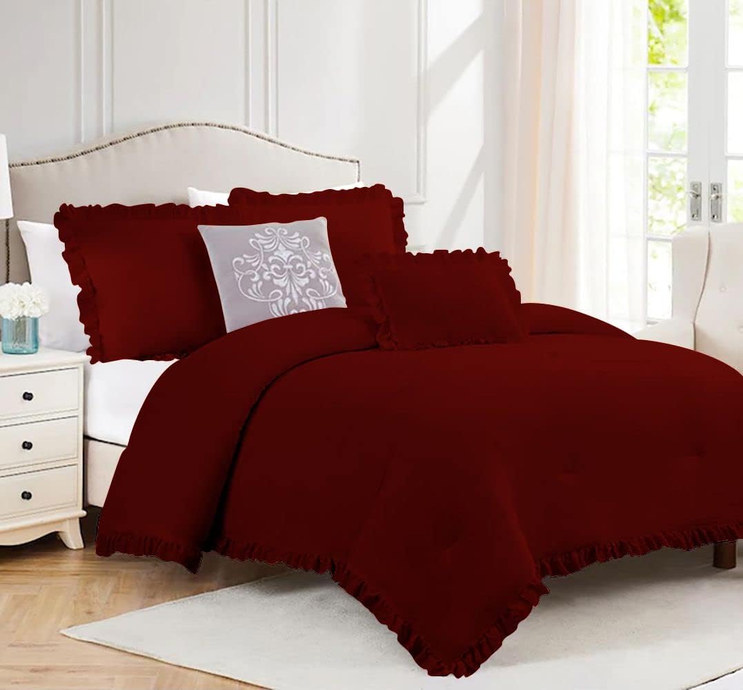 Tony's Textiles 3 Piece Luxury Vintage Ruffle Pattern Comforter Set Premium Super Soft 400 GSM All Season | 1000 Thread Count | 100% Egyptian Cotton - Full/Queen Size Burgundy Color