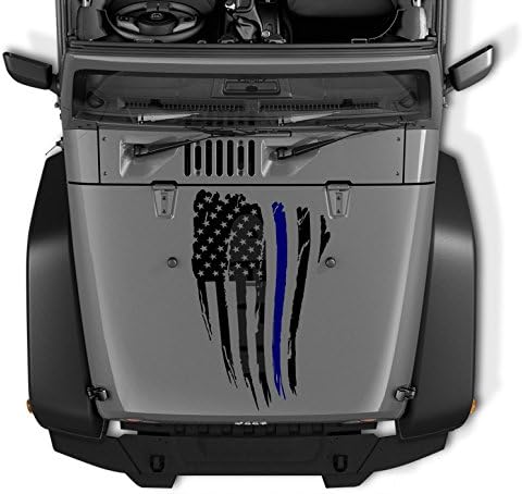 Thin Blue Line Reversed Decals for Jeep Wrangler Decal Tattered Distressed USA American Flag USA Made + Free Decal (Black Matte)