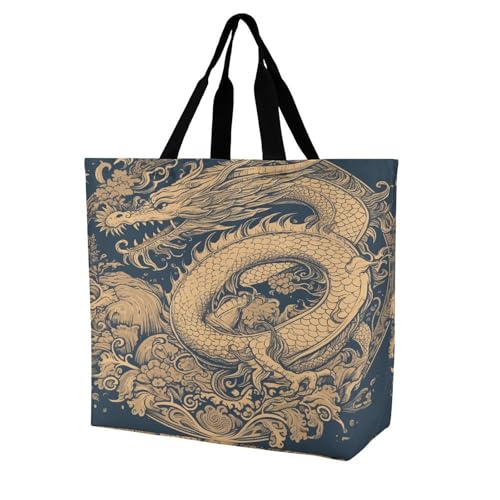 Women's Multi-Functional Shopping Bag，Blue Oriental Dragon Printing Messenger Bag Shoulder Bag for Travel, Work, Shopping & Parties with Inner Pocket, Grocery Bag Lightweight & Water-Resistant