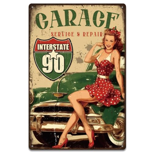 SUPERDANT Blechschild Garage Service Reparatur Blechschilder Retro Interstate 90 Wandtafel Lustiges Metallschilder Für Männerhöhle Garage Wohnzimmer Schlafzimmer Bar Pub Retro...