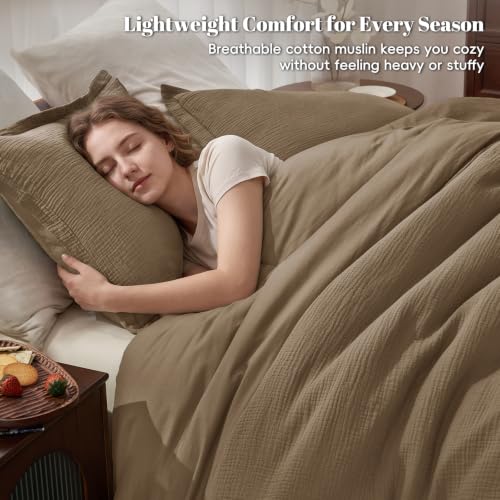 Image of PHF Cotton Muslin Comforter Set Twin, Ultra Soft Breathable, Mocha