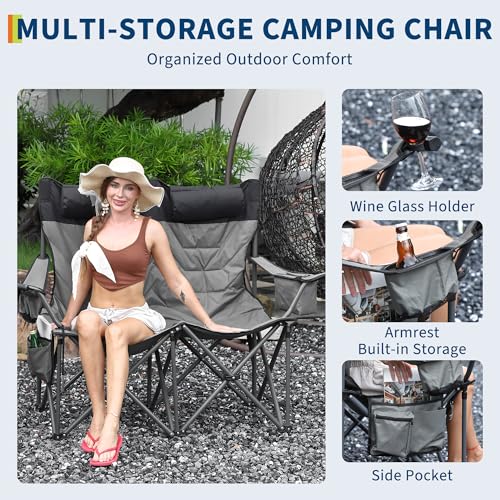 GarveeLife Oversized Double Folding Camping Chair Loveseat, Heavy Duty Outdoor Padded Portable Chair for 2 Person with Cup Holder, Cooler Bag, Side & Back Pocket, 450 LBS Capacity, Grey by GarveeLife - Image 6