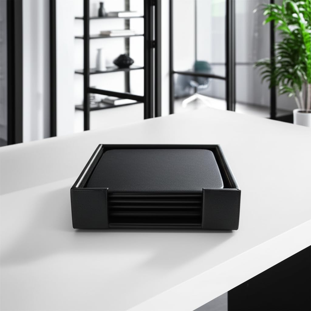 Dacasso 4 Coaster Set, Square - Classic Black Leather Luxury Executive Decor and Desk Surface Protector