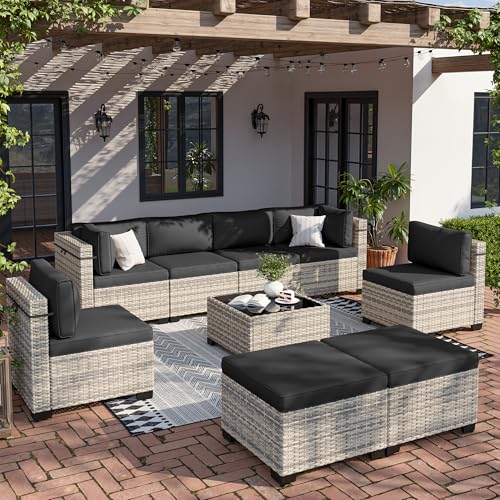 Image of 9-Piece Patio Furniture Set, Outdoor with Ottomans, Modular Patio Sofa, Dual-Strand Wicker Rattan, Rust-Resistant Frame, Backyard Furniture for Garden, Deck, Black