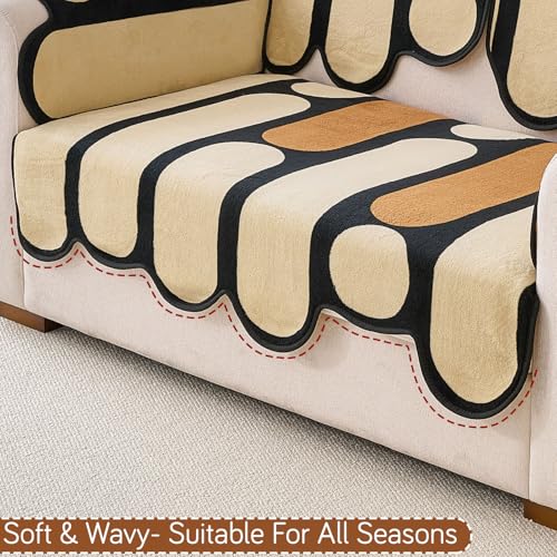 Image of HOKIPO 'Moderna Curves' Complete Sofa Cover Set (Seat+Back+Arm) for 2 Seater Sofa | All Season Sofa Cover Mat with Anti Slip Backing, Oyster Beige (AR-6123+AR-6120 * 2+AR-6309 * 2)