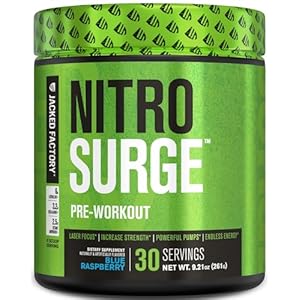 Jacked Factory NITROSURGE Pre Workout Supplement – Energy Booster, Instant Strength Gains, Clear Focus & Intense Pumps – NO Booster & Powerful Preworkout Energy Powder – 30 Servings, Blue Raspberry