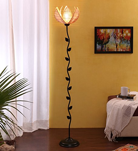 Image of Rose Bamboo Shade Floor Lamp (H-24 Inches, Beige) Decorative Standing Lamp for Living Room, Bedroom & Home Decor, Lampshade Corner Floor Light for Hall, Study, Office & Night Ambient Lighting