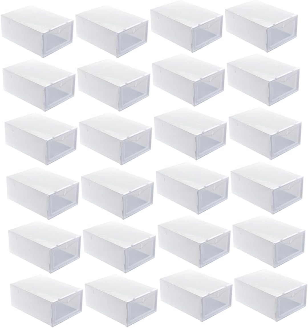 24Pcs Thicken Transparent Shoe Storage Boxes Dustproof Stackable Shoe Organizer for Small Spaces Dorm Closet Gym White Plastic Container