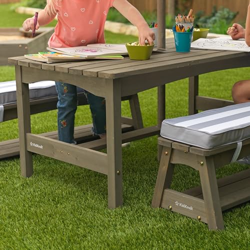 KidKraft Outdoor Wooden Table & Bench Set with Cushions and Umbrella, Kids Backyard Furniture, Gray and White Stripes