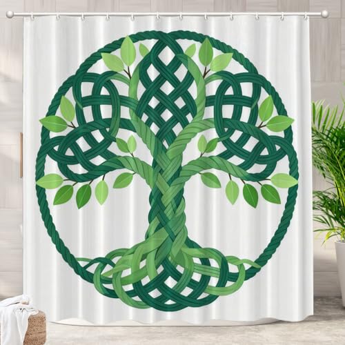 Rideau de douche imperméable vert imprimé Arbre de Vie Batmerry lavable avec œillets rustiques