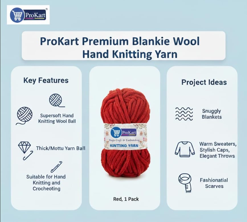 Image of ProKart Premium Blankie Wool, Plush & Cuddly, Chenille Yarn Supersoft Hand Knitting Wool Ball | Blanket Thick /Mottu Yarn Ball Suitable for Hand Knitting and Crocheting (Red, 100gms x 1 Pack)