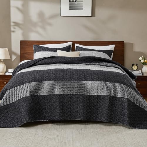 Image of Andency Oversized Queen Quilt Bedding Set, 98x98Inch Black White Stripe Bedspread Coverlet 3 Pieces, Soft Lightweight Grey Patchwork Quilted Bed Set for All Season (1 Quilt, 2 Pillowcases)
