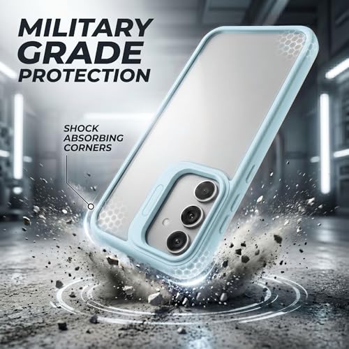 Image of amazon basics Frosted Matte Case for Samsung Galaxy A55 5G | Built-in Flip-Out Camera Lens Stand | Translucent Back with Contrast Blue Bumper | Shockproof Protective Cover with Foldable Kickstand