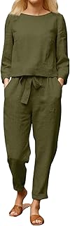Linen Sets for Women 2 Piece - Long Sleeve Women's Boat Neck Shirts Summer Wide Leg Breathable Cotton Linen Pants Set