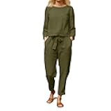 Women's Two Piece Lounge Cotton Linen Matching Sets Casual Short Sleeve Tops Tapered Pants Suits Beach Vacation Clothes