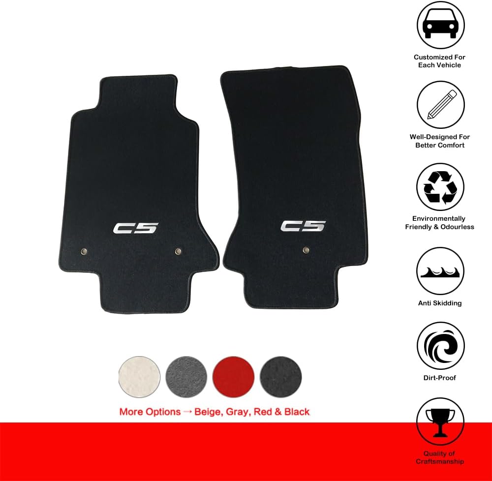 Floor Mat Compatible with 1997-2004 Chevy Corvette, C5 Logo Factory Fitment Nylon Black 2PC Car Floor Carpets Carpet Liner by IKON MOTORSPORTS, 1998 1999 2000 2001 2002 2003