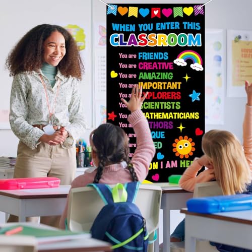 Wiooffen When You Enter This Classroom Door Cover Affirmation Station Empowerment Door Decor Motivational Hanging Banner Decor Back to School Front Door Porch Sign Classroom Welcome Photo Background
