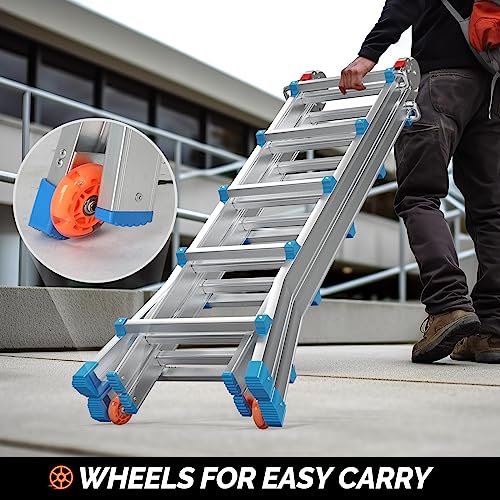 LUISLADDERS Telescoping Ladder, A Frame 5 Step Muti Position Folding Ladder Flared Leg & Wheels Design, 330 lbs Capacity 19 Ft Reach Height Extension Ladders for Household Outdoor Work