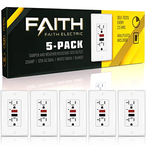 Faith [5-Pack] 20A Outdoor Gfci Outlets Slim, Weather And Tamper-Resistant Gfi Duplex Receptacles, Self-Test Wr Tr Ground Fault Circuit Interrupter With Wall Plate, Etl Listed, White #TOP11