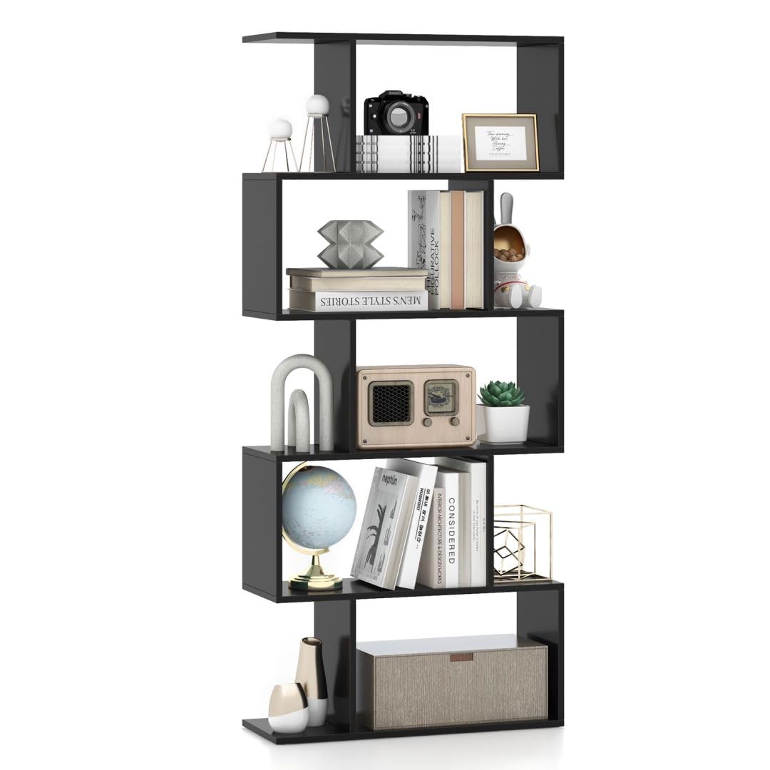 SFAREST 5/6 Tier Bookcase, S-Shaped Bookshelf(Black,70 x 24 x 158cm) — image 1