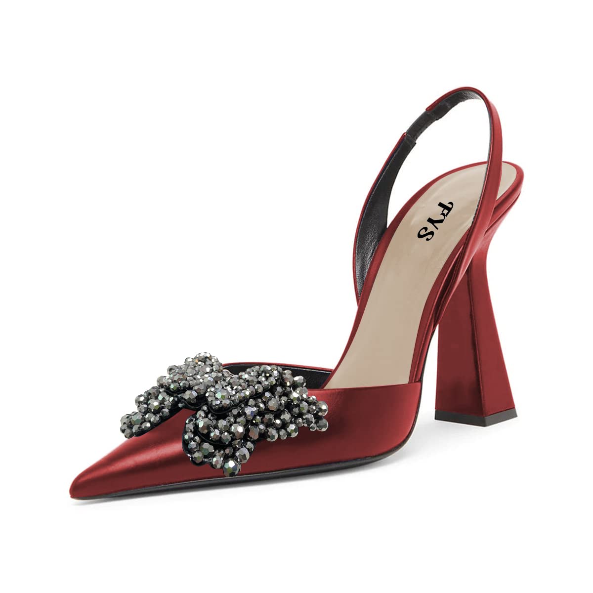 FYS Women Pretty Elegant Slip on Pointed Toe Slingback Sandals D'Orsay Pumps Butterfly Crystal Rhinestones Chunky High Heel Slide Shoes Dress Wedding