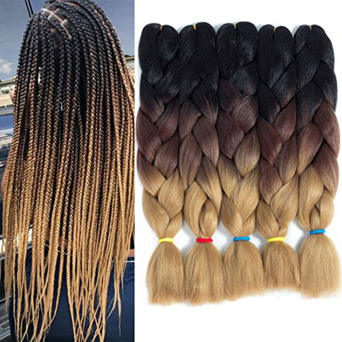 5 Packs/Lot Kanekalon Jumbo Braiding Hair for Twist 24 Inch Crochet Braids Hair 3 Tone Synthetic Hair Extensions (Black-Dark brown-Light Brown)