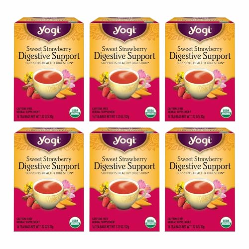 Yogi Sweet Strawberry Digestive Support Herbal Tea, 16 Tea Bags (6 Pack)