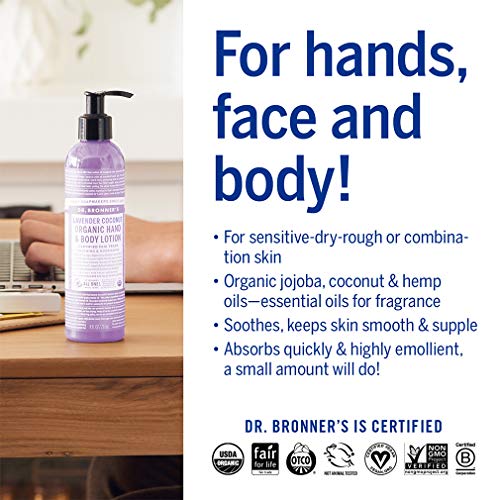 Dr. Bronner's - Organic Lotion (Lavender Coconut, 8 Ounce) - Body Lotion And Moisturizer, Certified Organic, Soothing For Hands, Face And Body, Highly Emollient, Nourishes And Hydrates, Vegan, Non-Gmo #TOP4