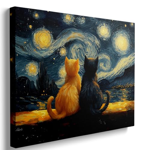 Ypxzzj Starry Night With Cats Canvas Wall Art