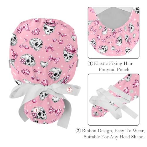 Image of 2 PCS Bouffant Cap with Button Ponytail Pouch Working Cap Sweatband Adjustable Surgical Cap Black and White Cow
