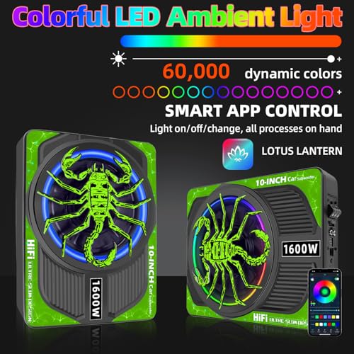 Image of 2026 Upgraded 10 inch 1600W Slim Under Seat Car Subwoofer with Built-in Amp & LED Ambient Lights - Low Profile Bass Sub for Car Audio Individual Controls (LPF /Gain /Bass Boost) High Output Distortion-Free