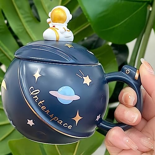 Image of BonZeal Birthday Gift for Boys Girls Ceramic Space Mug Blue Astronaut Mug Coffee Mug with Lid Birthday Gift for Kids Children Friends Return Gifts for Birthday Mugs for Coffee Mugs and Cups 400 ml