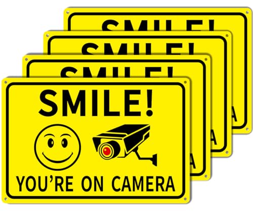 4-Pack Smile Youre On Camera Signs 8x12 Rust Free Aluminum Video Surveillance Sign Outdoor with UV Printed - Smile Your On Camera Signs for Home Business Yard and CCTV