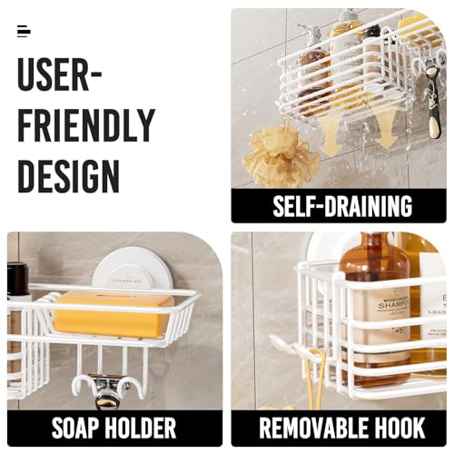 Image of LEVERLOC Shower Caddy Suction Cup, Heavy Duty Bathroom Organizer | Shower Organizer for Inside Shower with Hooks & Soap holder, NO-Drilling Bathroom shelves-White
