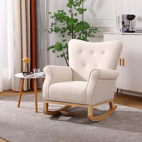 Image of FurniTribe Velvet Nursery Glider Rocker with Comfy Armrest, Accent Rocking Chair with Solid Wood Legs for Baby (Beige)