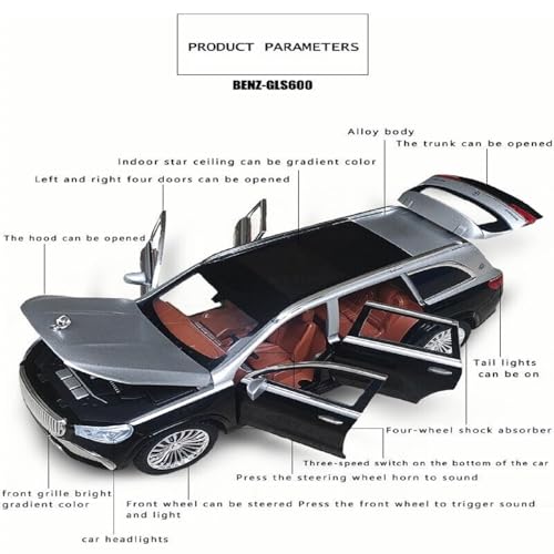 Image of Mercedes Benz GLS 600 SUV 1:24 Big Size Diecast Scale Model Alloy Metal Pull Back Toy car for Kids with Openable Doors & Light, Music Toy Vehicle for Kids (Silver+Black)