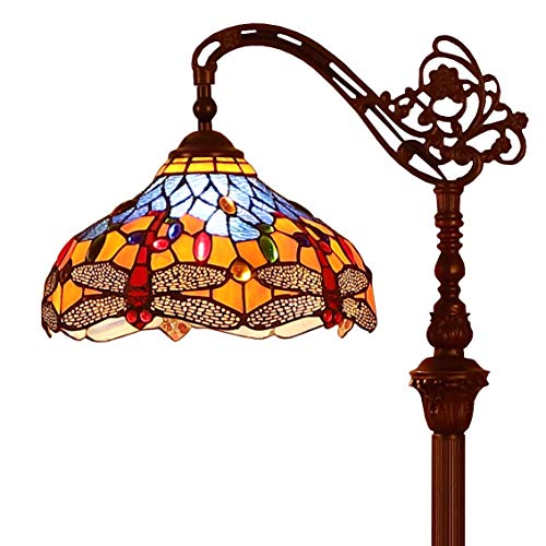 Bieye L10702 Dragonfly Tiffany Style Stained Glass Floor Reading Lamp with 12 Inch Wide Lampshade Metal Base, Adjustable Light Direction, 62 inch Tall, Blue Orange by Bieye - Used condition - US$186.22