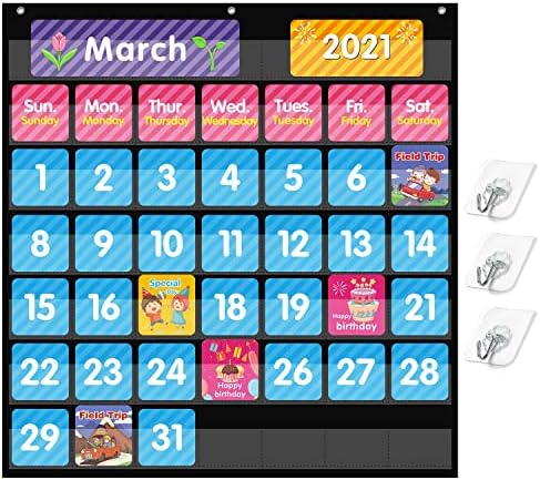 REGELETO Black Calendar Pocket Chart for Classroom with 85 Cards and 3 Hooks, Monthly Calendar and Weather Pocket Chart for Kids Learning for Home or Kindergarten (25” X 24”)