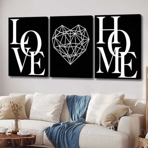 Pennimor Black and White Canvas Wall Art Set of 3 Framed Prints, LOVE Letter & Geometric Heart Pattern, Modern Minimalist Wall Decor for Bedroom, Living Room, Office, Farmhouse 12x16in