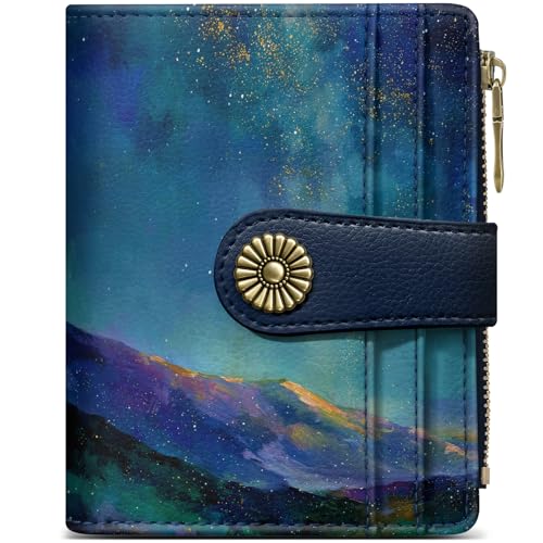 Image of Small Wallet for Women, RFID Blocking Bifold Card Holder Wallet with 10 Card Slots, Cash Compartment, Zipper Coin Pocket & ID Window, Cute Soft Vegan Leather Compact Wallet, Starlit Peaks