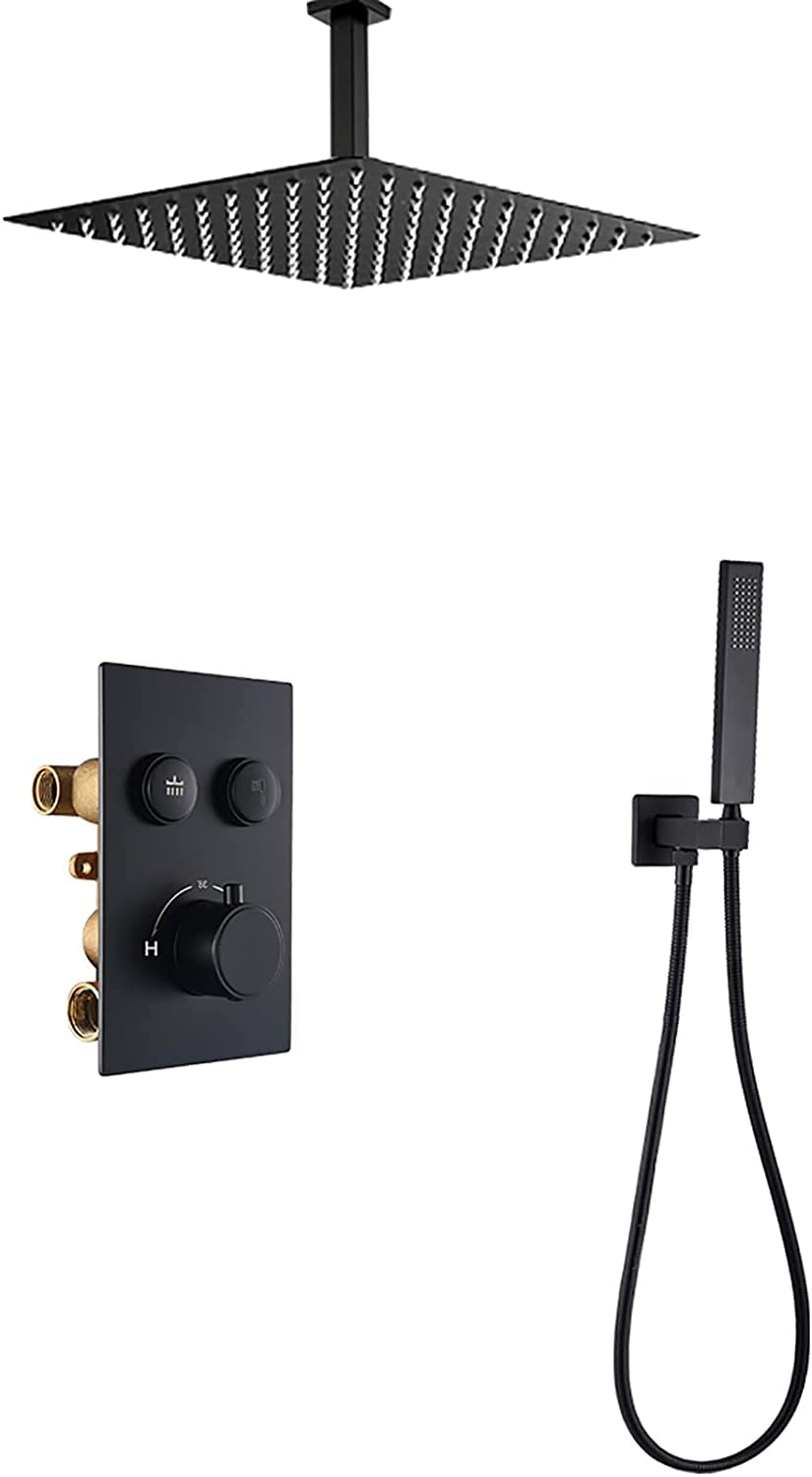 OZBMA shower set system thermostatic black faucet ceiling mounted rainfall head with handheld rain mixer combo set,8 inches (A 12 inches)