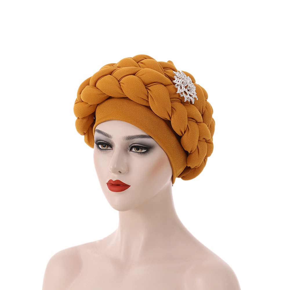 JDYaoYing African Turban Head Wrap Braid Beanie Cap Headwear Crystals Twisted Head Turbans for Women and Girls Yellow