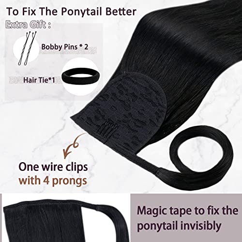 RUNATURE Black Human Hair Ponytail Extensions Real Hair Jet Black Ponytail Human Hair Extension Balck Clip in Ponytail Hair Extensions Straight 20 Inch 80 Gram - Image 4