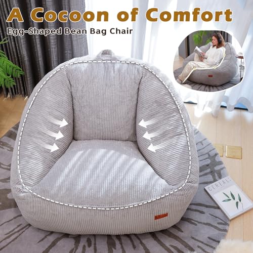 UODERS Sitzsack mit Memory-Foam-Füllung, Großer Cord Sitzsack für Erwachsene & Kinder, Bequemer Boneless Bean Bag mit Tragegriff für Wohnzimmer, Schlafzimmer, Gamingzimmer, Büro & Balkon(Hellgrau-M)