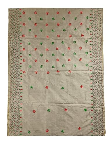 Image of SHRISTI CLOTHINGS Women's Hand Embroidered Cotton Silk Kantha Stitch Saree with Blouse Piece (J420724 GRAYOLIVE)