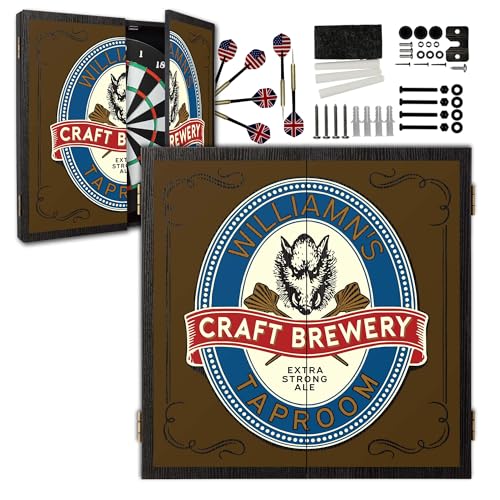 Personalized Solid Wood Dart Board Cabinet Set, 6 Steel Tip Darts, Man Cave Game