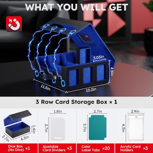 Image of Trading Card Storage Box, 2600+ MTG Deck Box with Magnetic Lid | Handle design with Commander and Toploader displays, dice box, dividers and labels for TCG, MTG, Yu-Gi-Oh! and sports cards